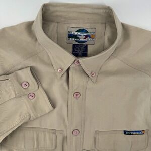 EX OFFICIO Travel Wear Mens XL Long Sleeve Button Up Shirt Tan Khaki Vent Hike